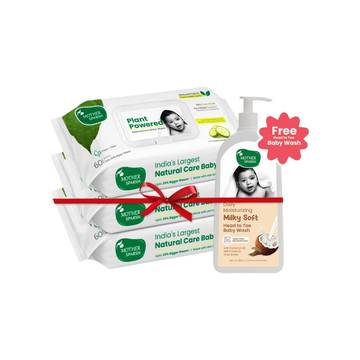 Mother Sparsh Plant Powered Baby Wipes with Free Milky Soft Head-to-Toe Wash